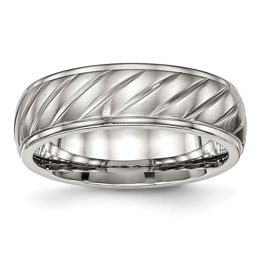 Stainless Steel Polished w/Brushed Center 7mm Grooved Band Size - 9