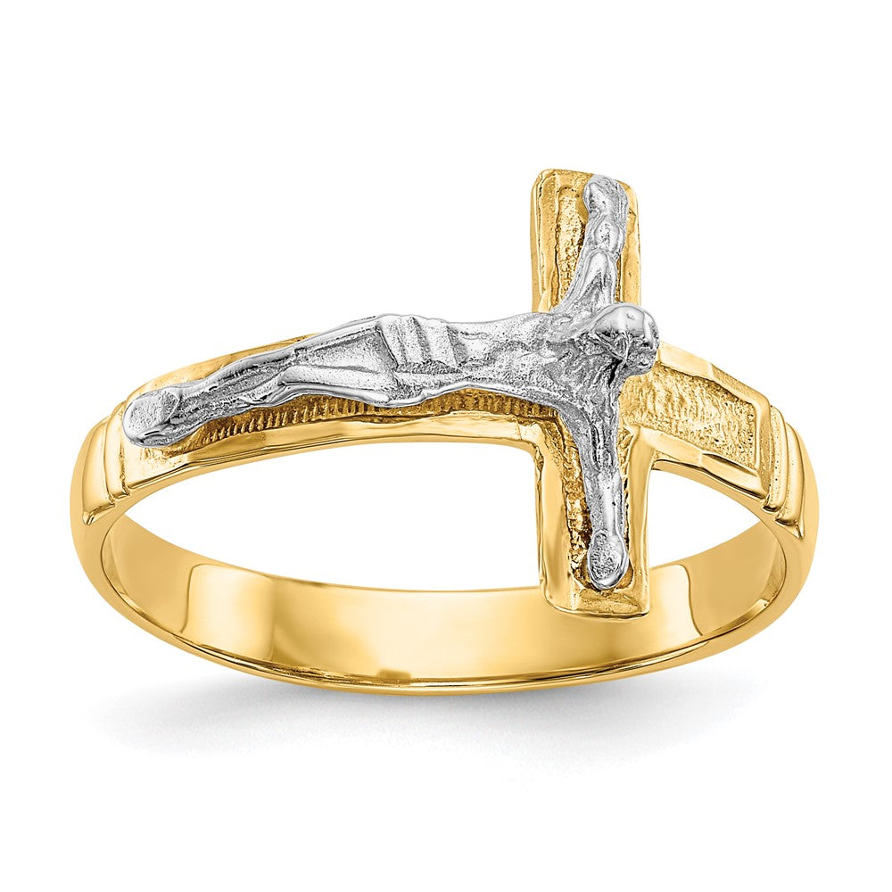 14K Two-Tone Polished Diamond-Cut Mens Crucifix Ring Size 9