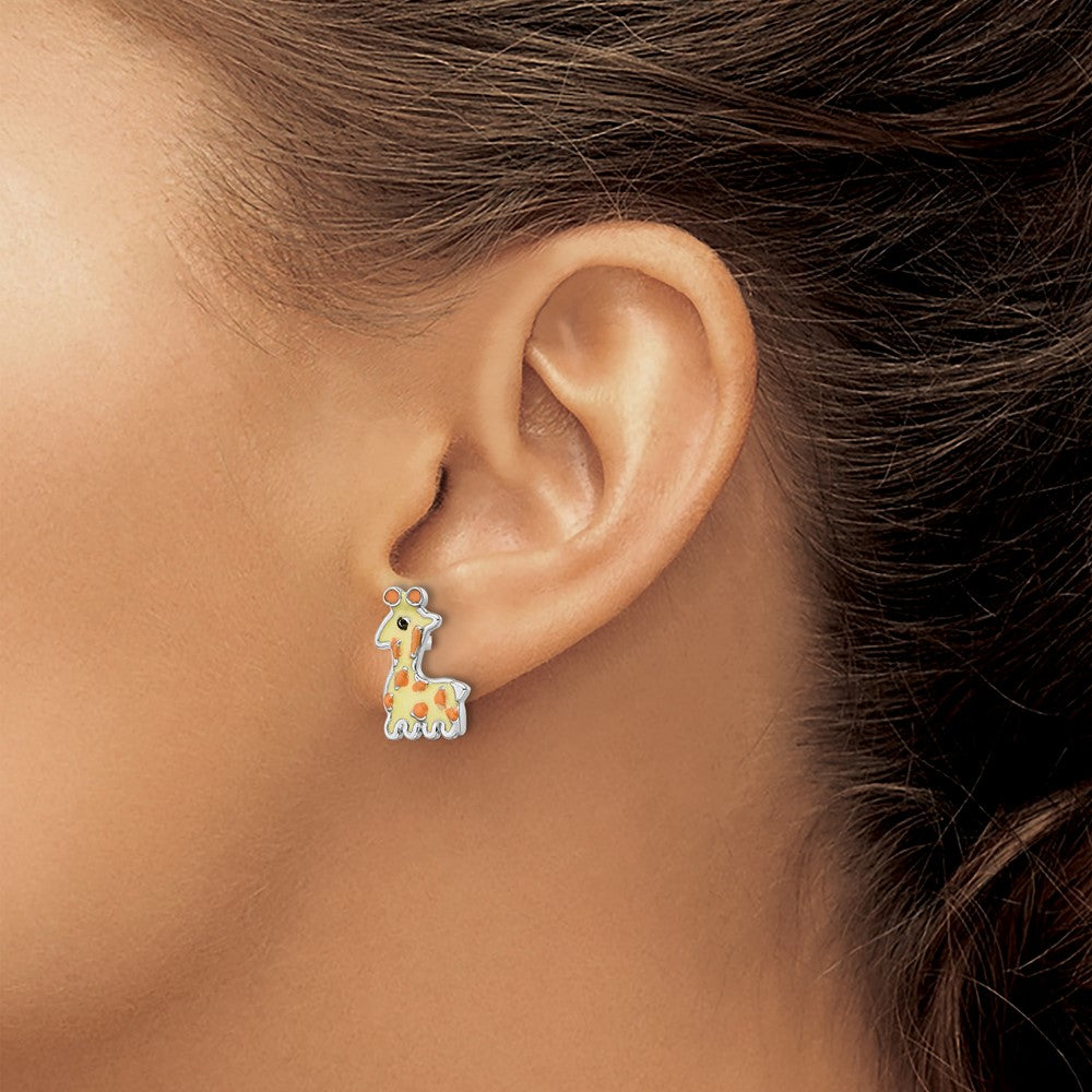 Sterling Silver Rhodium-plated Polished & Yellow, Orange & Black Enameled Giraffe Children's Post Earrings