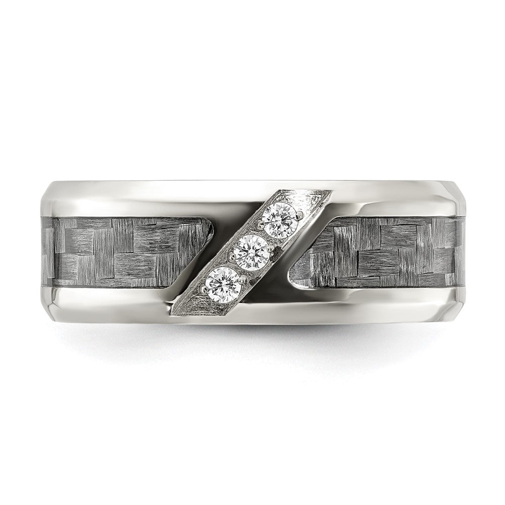 Stainless Steel Polsihed with Gray Carbon Fiber Inlay & CZ 8mm Band Size - 11