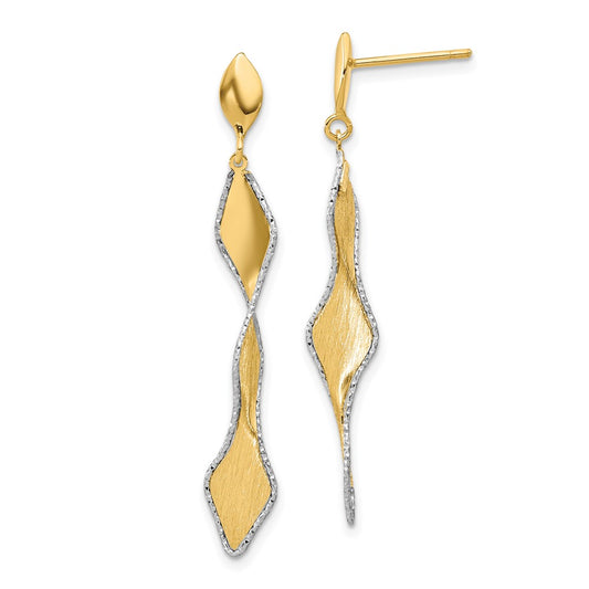 14K and White Rhodium Polished and Satin Post Dangle Earrings