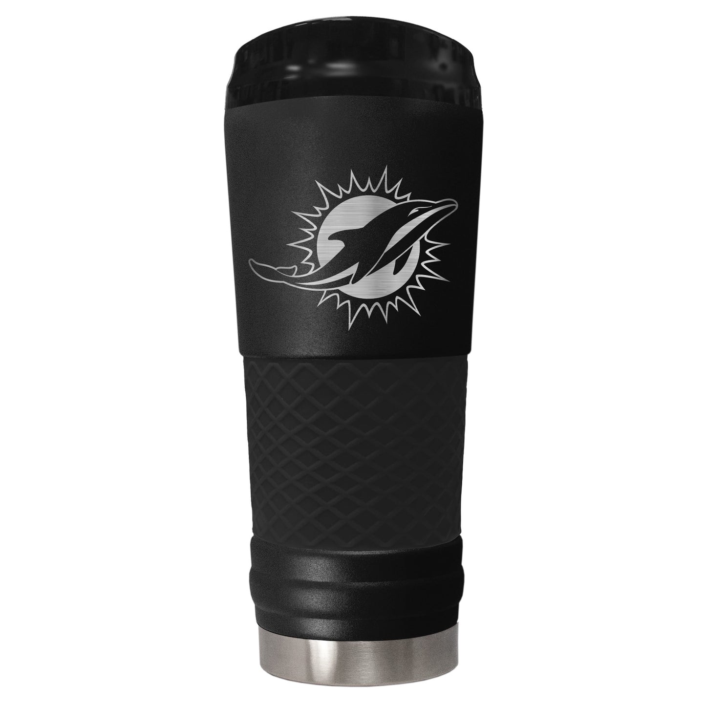Miami Dolphins 24 ounce vacuum insulated stainless steel tumbler in black powder coat and laser etched team logo