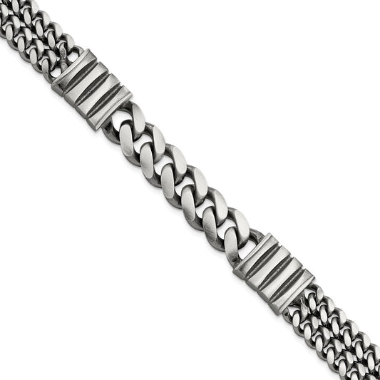 Sterling Silver Mens Antiqued Brush Double Curb Bracelet 8.5 inches