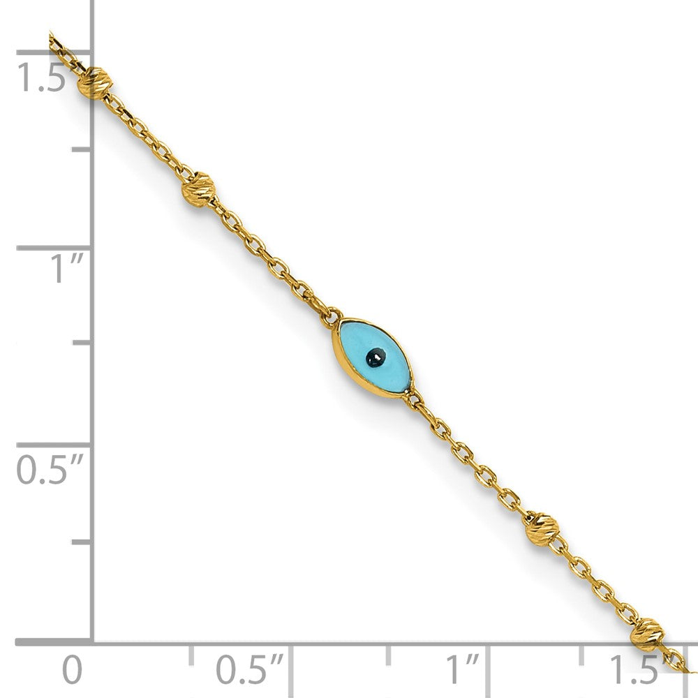 14k Diamond-cut Bead Stations Blue Glass Evil Eye 9 inch with 1 inch Extender Anklet