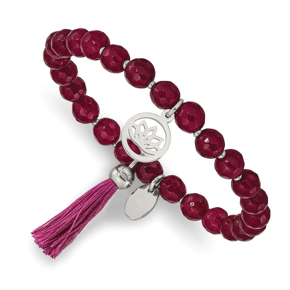 Stainless Steel Polished Lotus w/Tassel Pink Jade Beaded Stretch Bracelet 6.25 inches