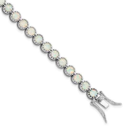 Sterling Silver Rhodium-plated Beaded White Created Opal Inlay Bracelet 7 inches
