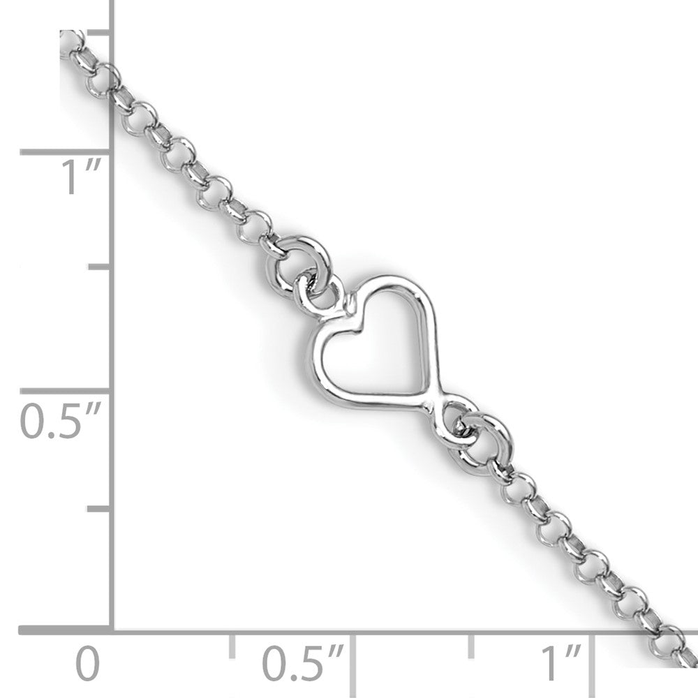 Sterling Silver Rh-plated Polished Heart 9in PLUS 1in ext. Anklet