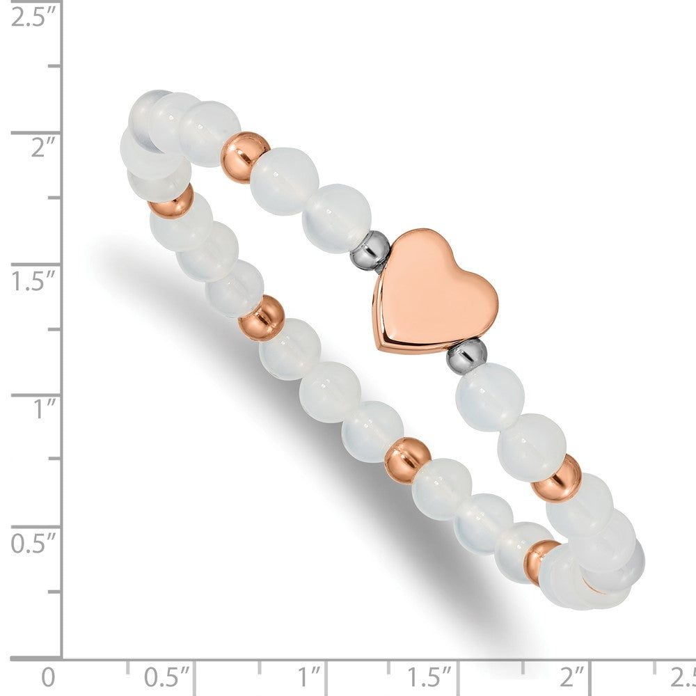 Stainless Steel Polished Rose IP-plated Heart White Agate Stretch Bracelet
