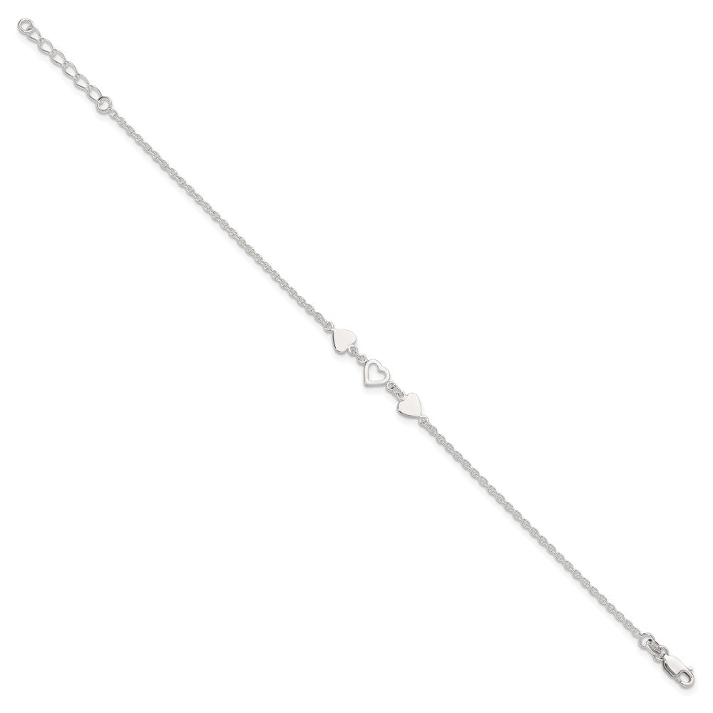 Sterling Silver 8 inch Plus 1in ext.Heart Link Anklet 9 inches