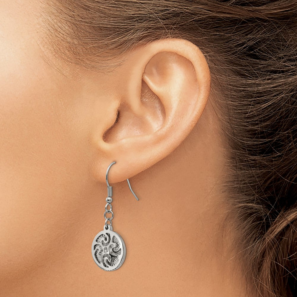 Stainless Steel Polished Textured Shepherd Hook Dangle Earrings