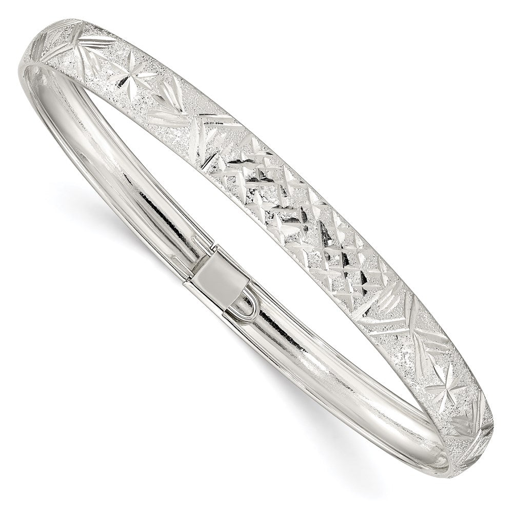 Sterling Silver 6.5mm Laser and Diamond-cut Flexible Bangle 7 inches