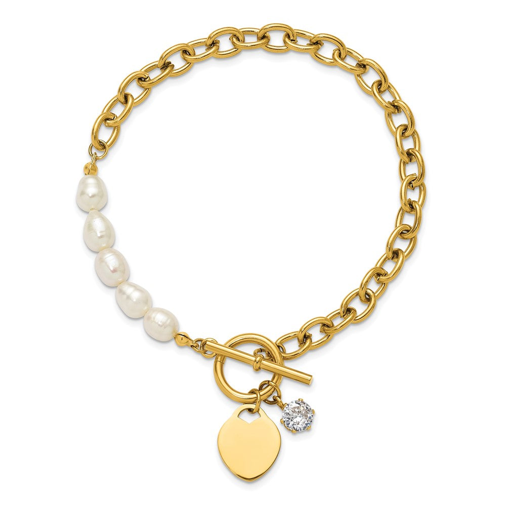 Chisel Stainless Steel Polished Yellow IP-plated with Half White Freshwater Cultured Pearl and CZ Heart Dangle 8.25 inch Bracelet 8.25 inches