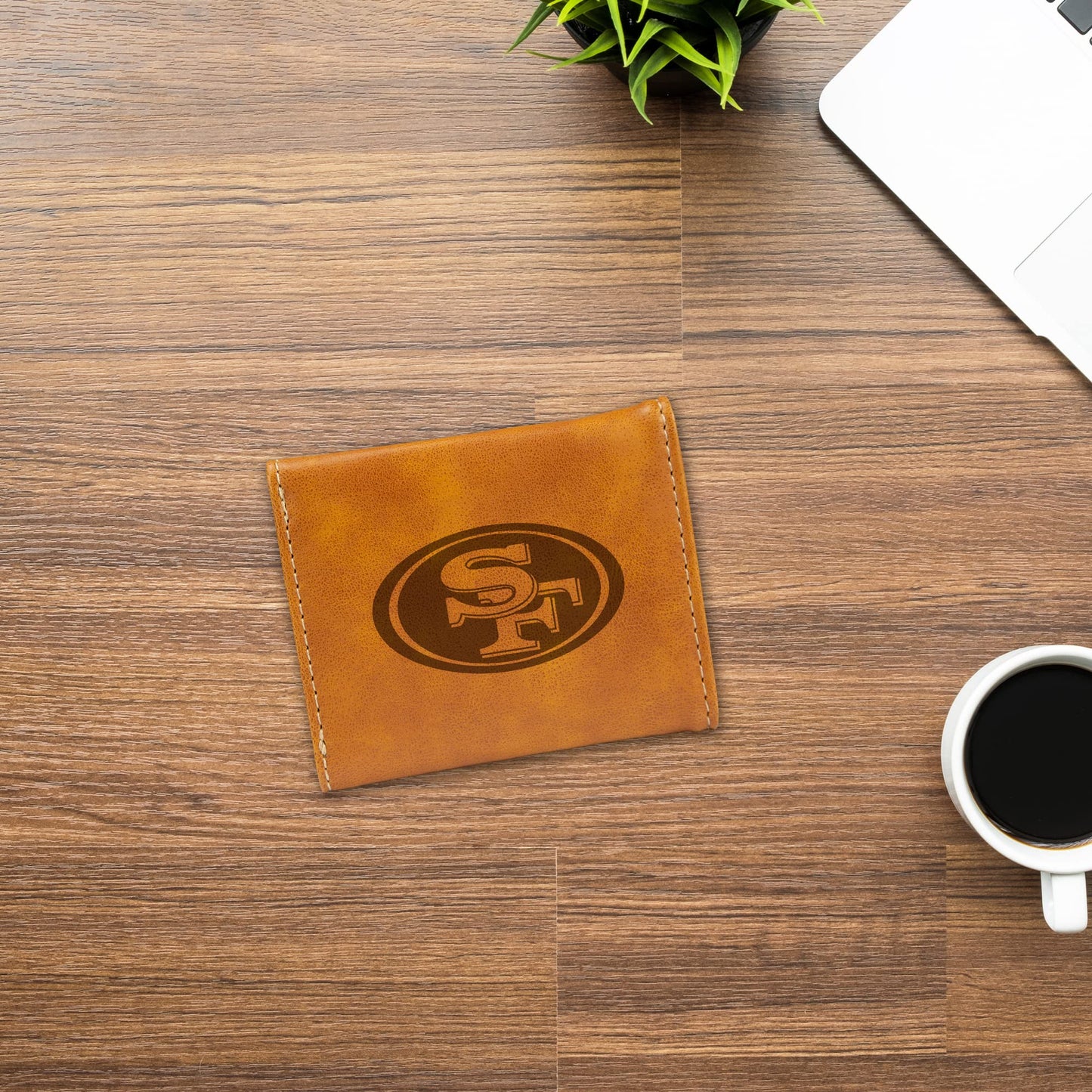 49ERS BROWN FAUX LEATHER LASER ENGRAVED TRIFOLD WITH BLACK LOGO