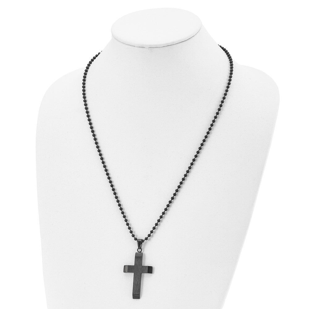 Stainless Steel Brushed & Polished Black IP-plated Cross 24in Necklace