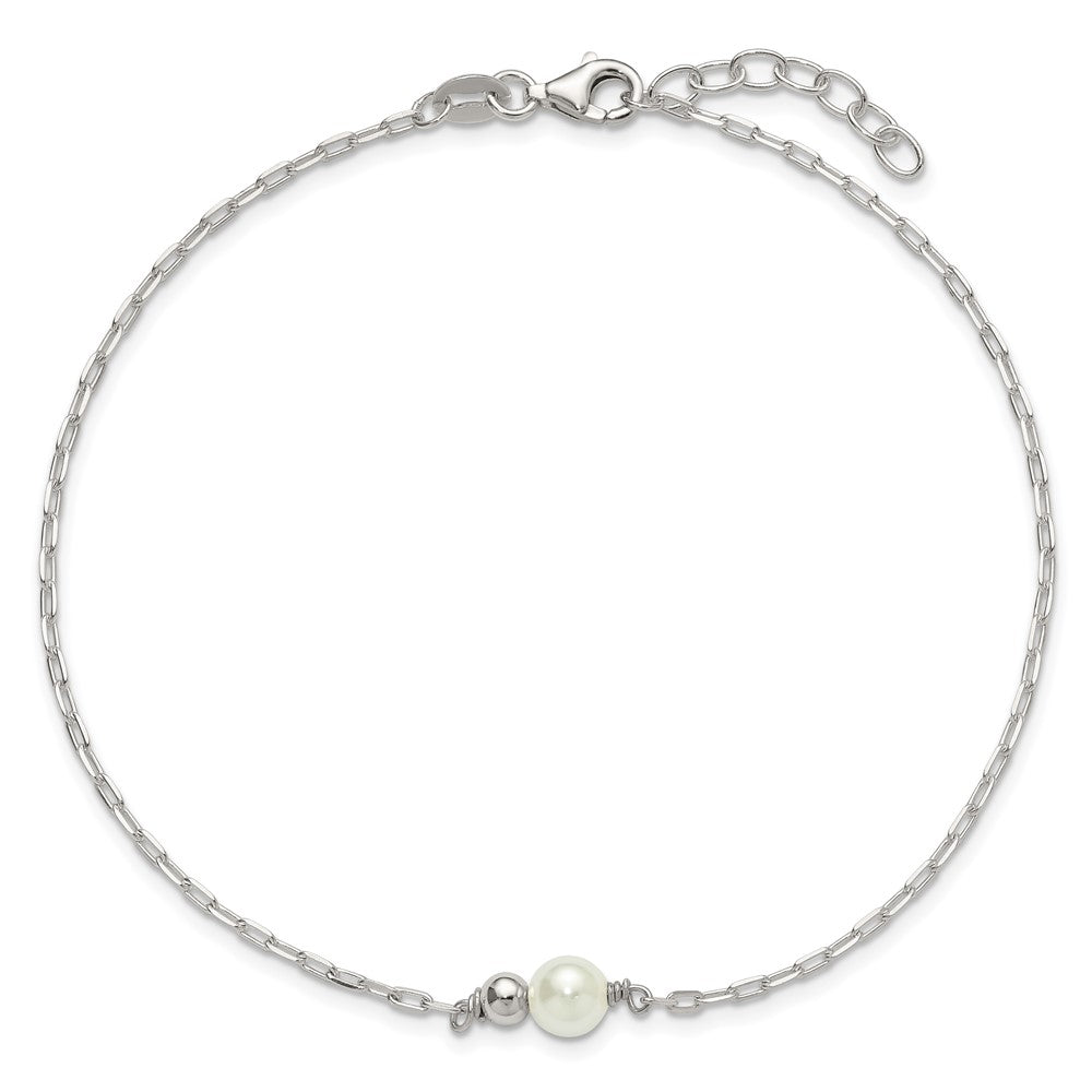Sterling Silver Polished Bead and Glass Pearl 9 inch with 1 inch Extension Anklet