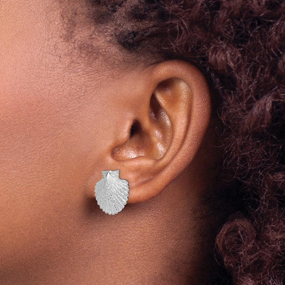 De-Ani Sterling Silver Rhodium-Plated Polished Large Scallop Shell Post Earrings