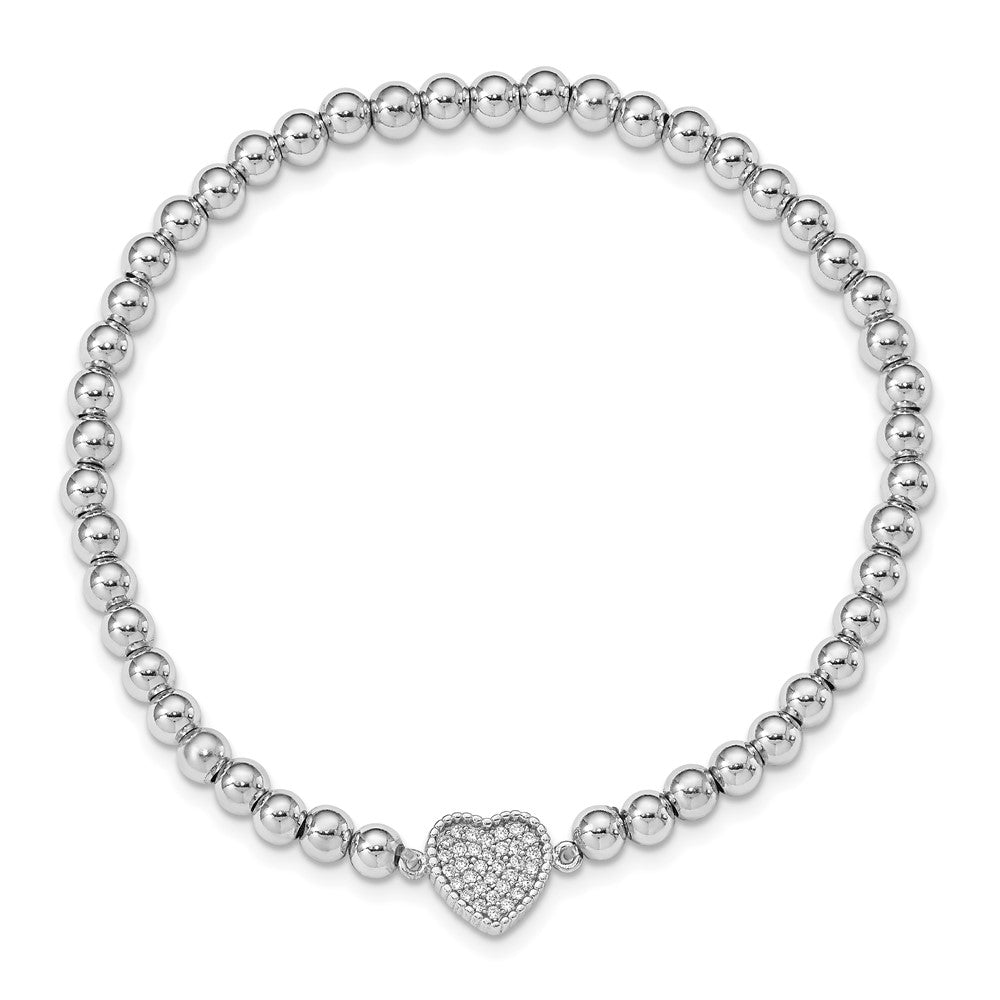 Sterling Silver Rhodium-plated Polished Beaded CZ Heart Stretch Bracelet 7 inches