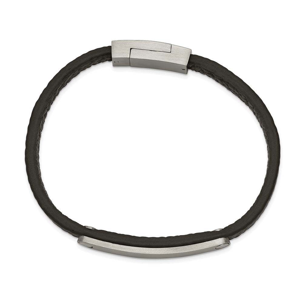 Stainless Steel Brushed Black Leather 8.25in ID Bracelet 8.25 inches