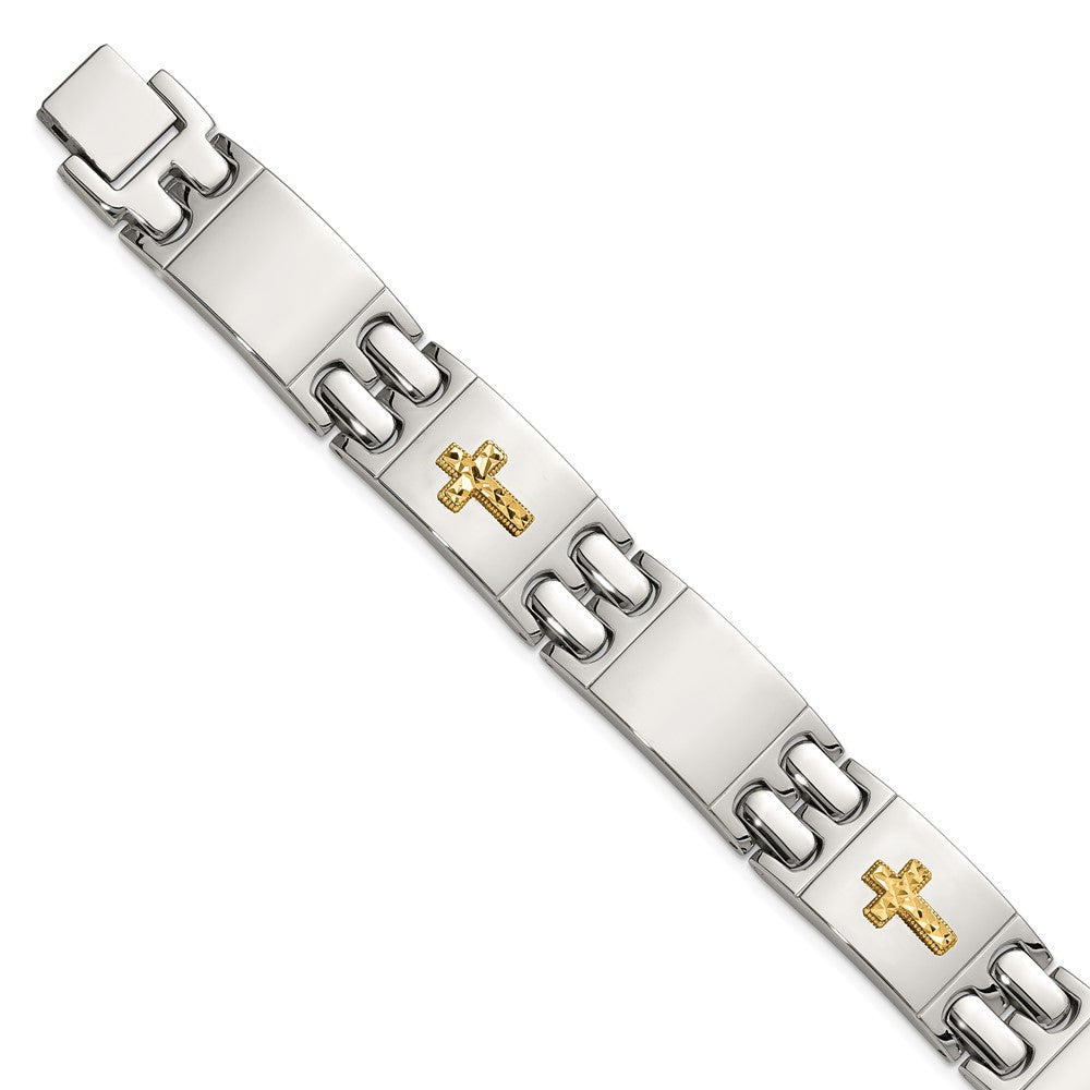 Chisel Stainless Steel Polished with Diamond-cut 14K Gold Accent Cross 8 inch Link Bracelet 8 inches