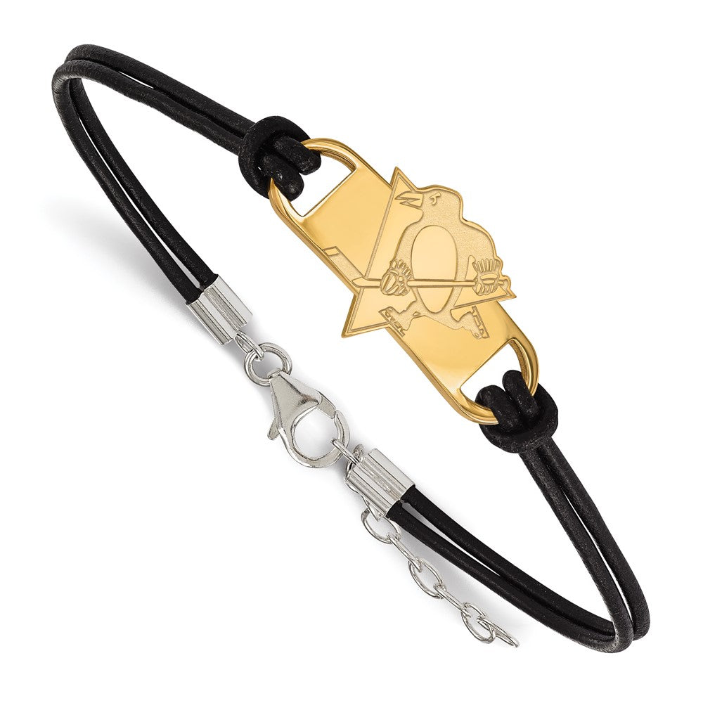 Sterling Silver Gold-plated NHL LogoArt Pittsburgh Penguins Small Center Black Leather 7 inch Bracelet with Extender