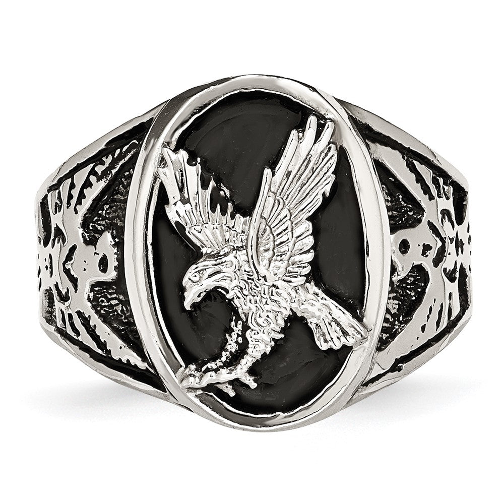 Stainless Steel Polished and Textured Enameled Eagle Ring Size - 12