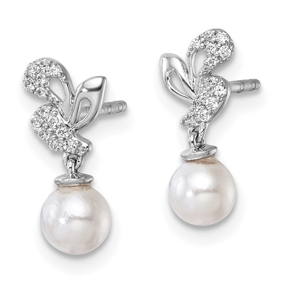14K White Gold Polished Diamond and Pearl Dangle Post Earrings