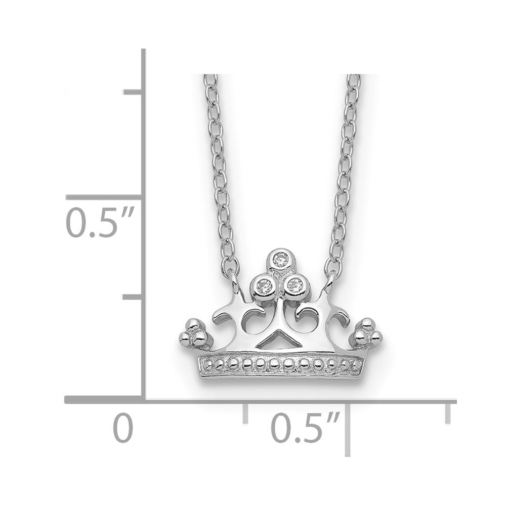 Sterling Silver Rhodium-plated Polished & Beaded CZ Crown with 2 Inch Extension Necklace 16 Inches