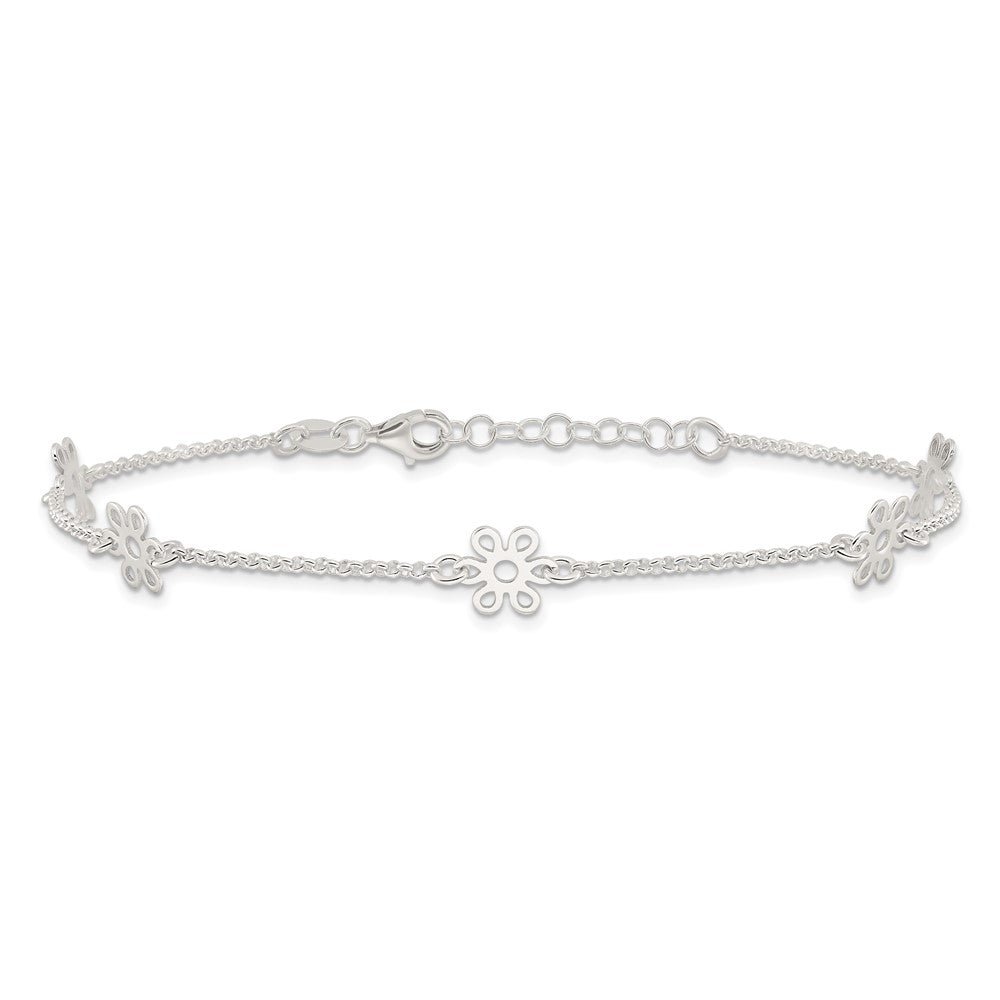 Sterling Silver Polished Flower 9in Plus 1in Ext. Anklet 9 inches