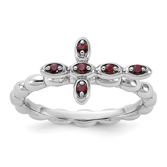 Sterling Silver Stackable Expressions Rhodium-plated Garnet Cross Ring Size -6