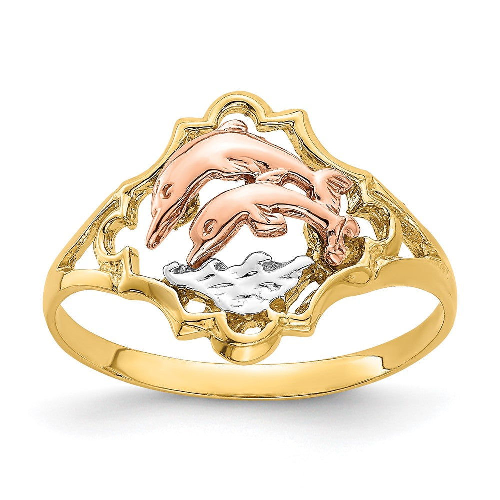 14K Yellow and Rose Gold W/Rhodium Double Dolphin Ring Size 6