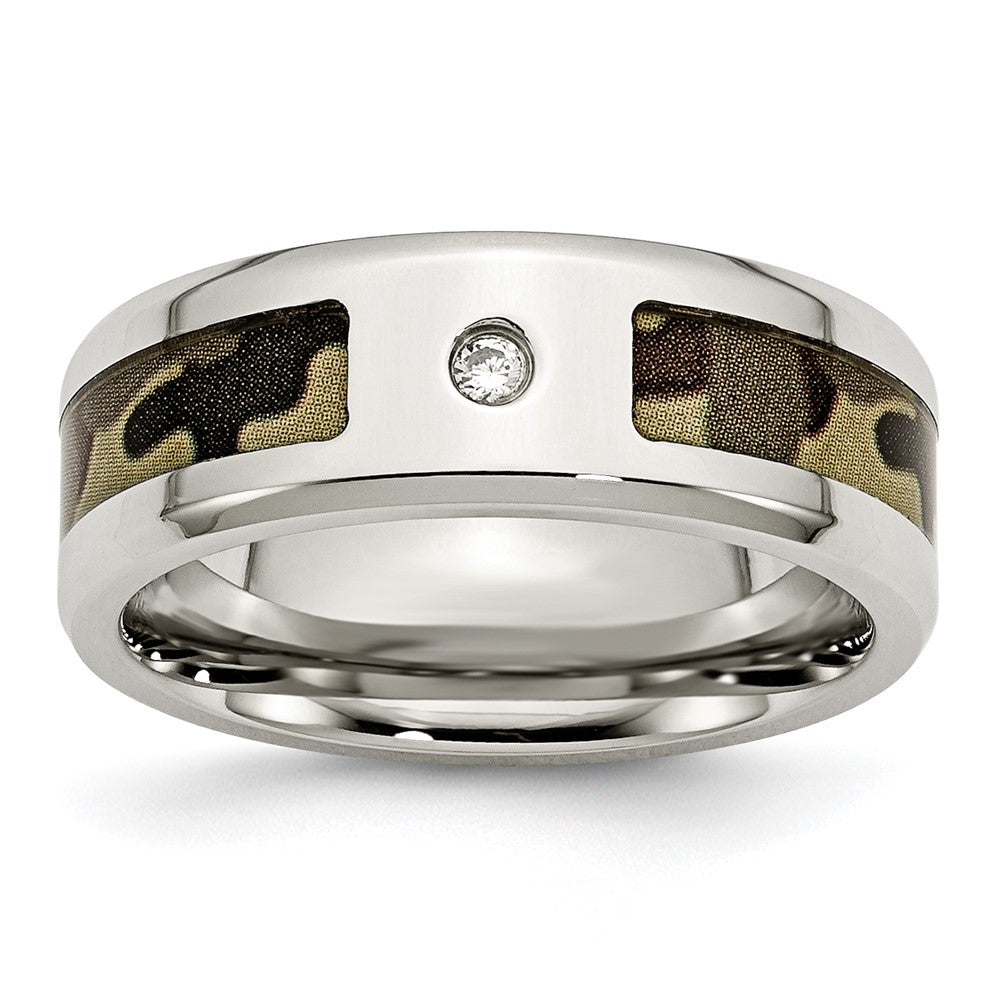 Stainless Steel Polished w/ CZ Printed Brown Camo Under Rubber Band Size - 10.5