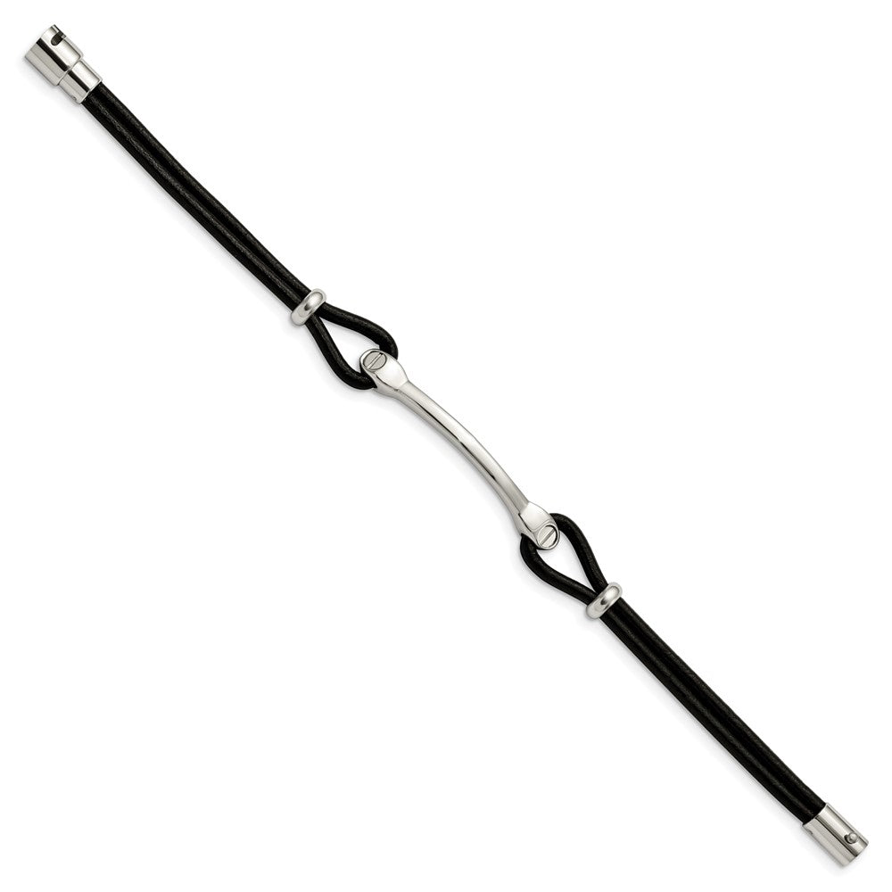 Stainless Steel Polished Black Leather 7.5in ID Bracelet