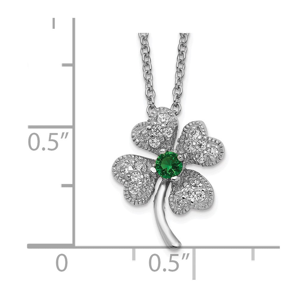 Cheryl M Sterling Silver Rhodium-plated Brilliant-cut Green Glass and Brilliant-cut White CZ Four Leaf Clover 15 Inch Necklace 15 Inches