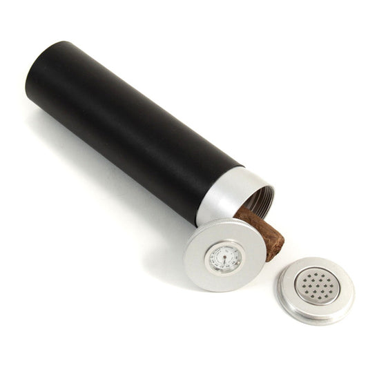 Black Leather Wrapped Aluminum Cigar Tube with Hygrometer and Humistat QGM8866
