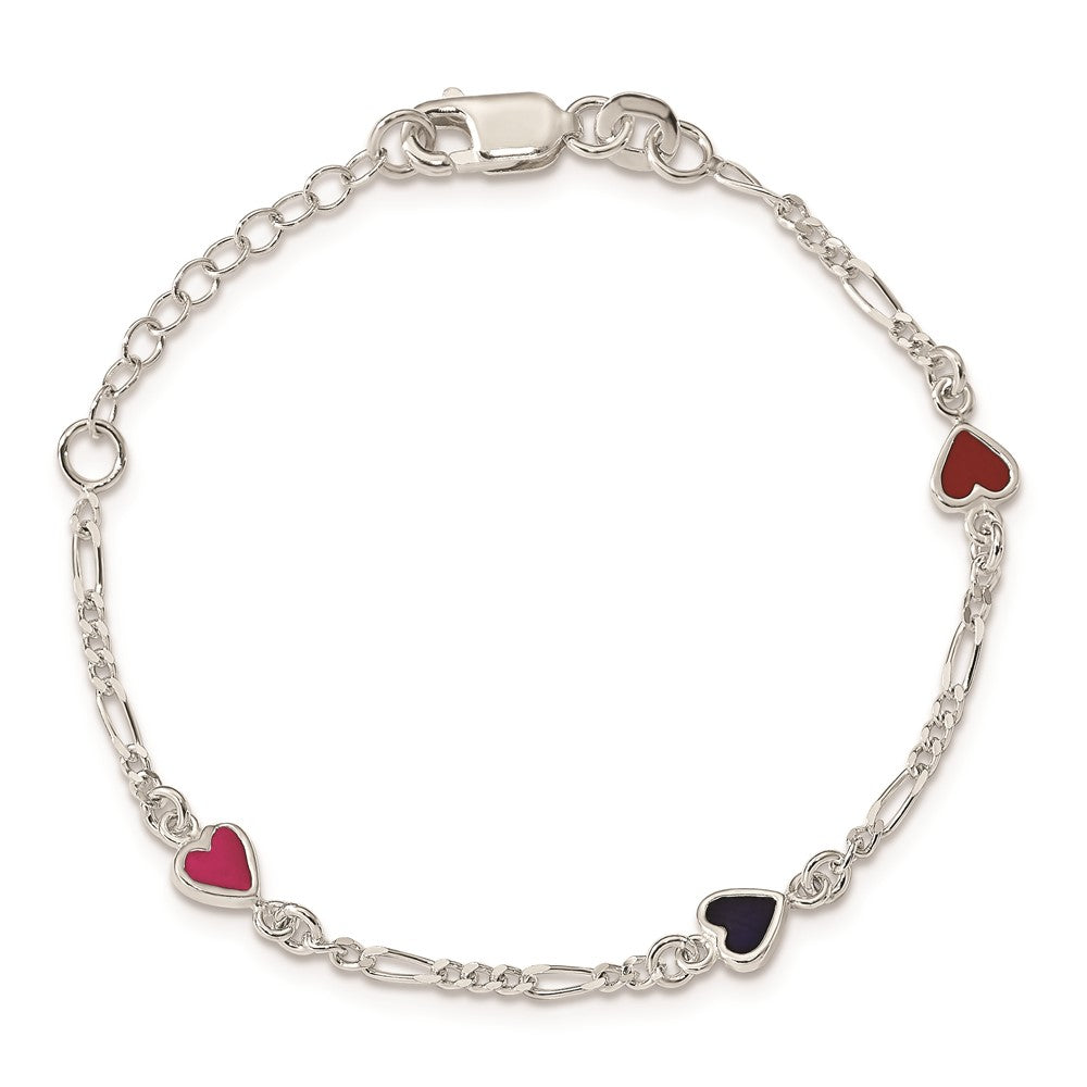 Sterling Silver Polished & Multi-color Enameled Hearts with 1 Inch Extension Children's Bracelet 6 inches