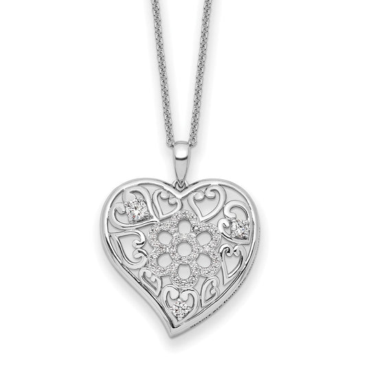 Sentimental Expressions Sterling Silver Rhodium-plated CZ Antiqued Sisterhood Flower Heart 18in Necklace