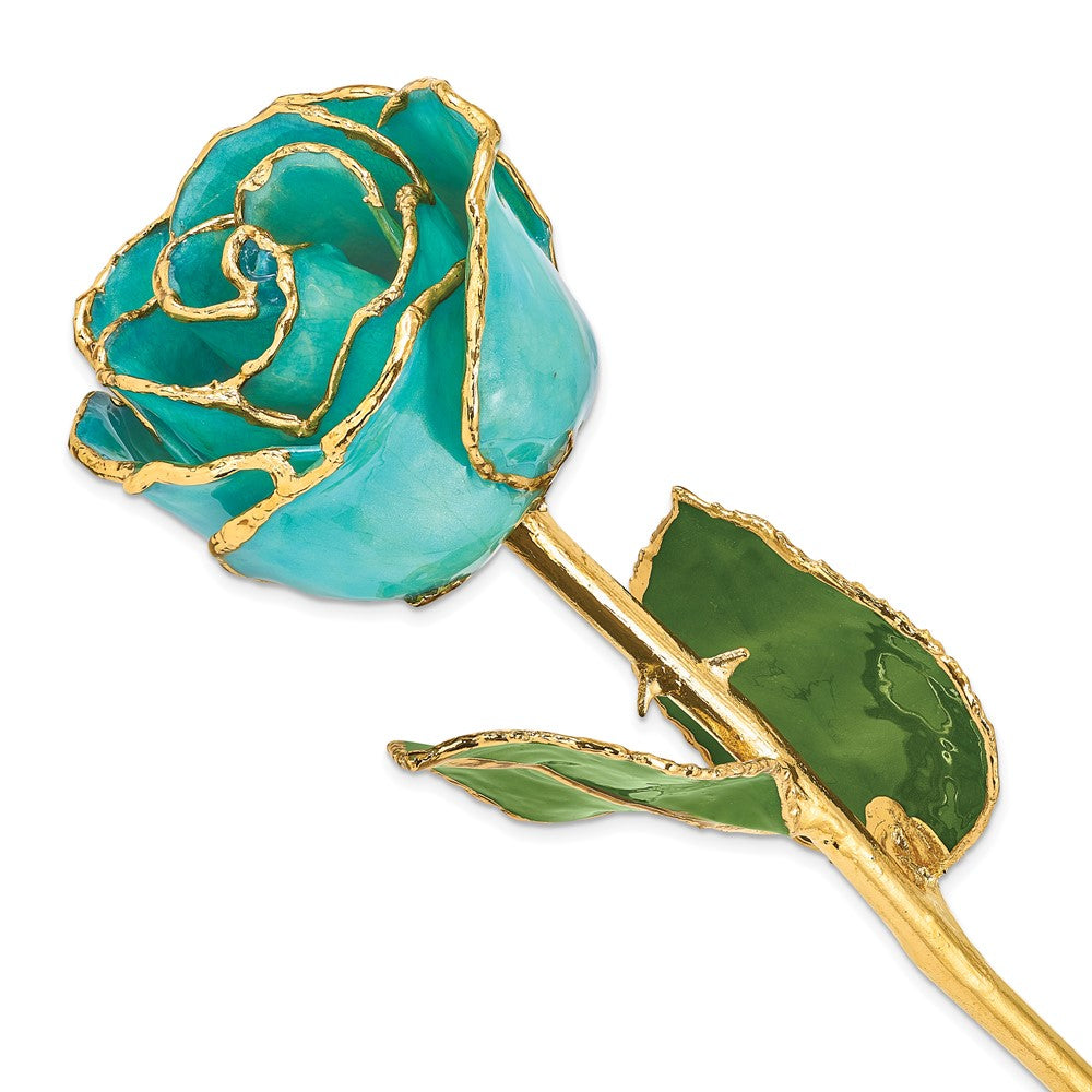 Lacquer Dipped Gold Trimmed Aqua Green Opalescent Real Rose QGM22724