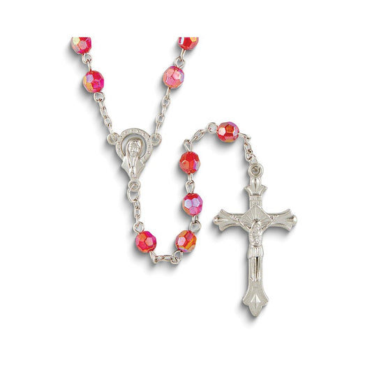 Silver-tone Red Aurora Borealis Acrylic Beaded 19.5 inch Rosary