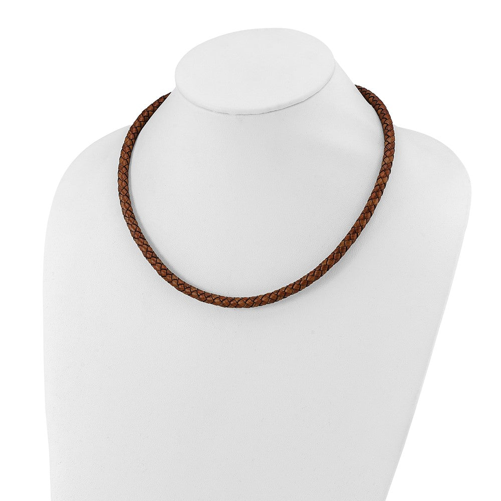 Stainless Steel Polished Woven Brown Leather 19.5in Necklace