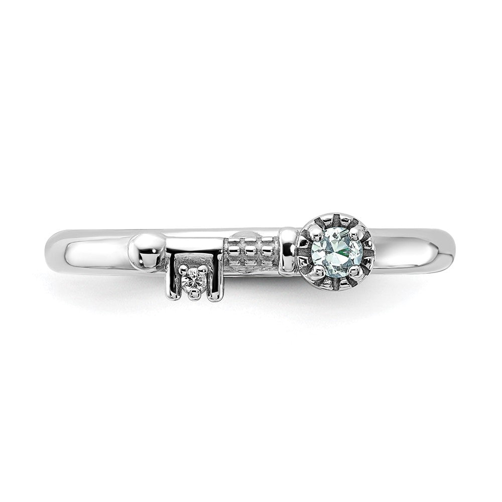 Sterling Silver Stackable Expressions Rhodium-plated Aquamarine and White Topaz Key Ring Size -6