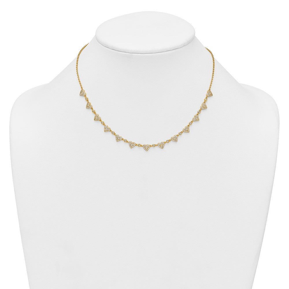 Sterling Silver Gold-tone Polished Pave CZ Hearts 16 Inch with 2 Inch Extension Necklace 16 Inches