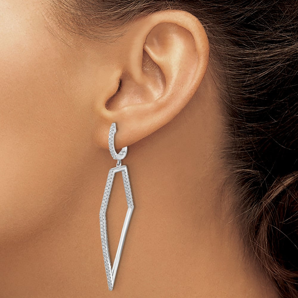 Cheryl M Sterling Silver Rhodium-plated Brilliant-cut Clear CZ Hinged Hoop with Geometric CZ Dangle Earrings