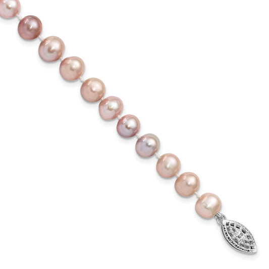 Sterling Silver Rhodium-plated 6-7mm Purple Near-Round Freshwater Cultured Pearl 7.25 inch Bracelet 7.25 inches