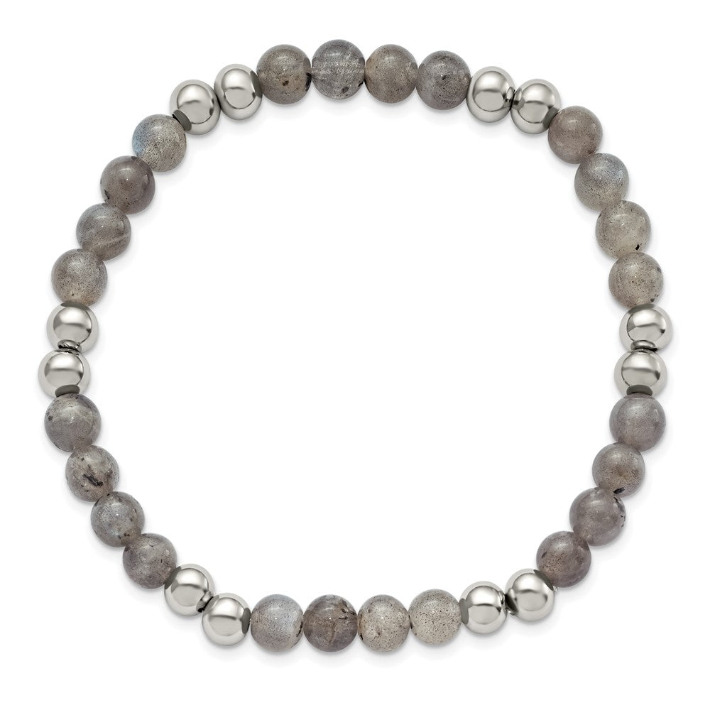 Stainless Steel Polished Grey Quartz Beaded Stretch Bracelet 7.25 inches
