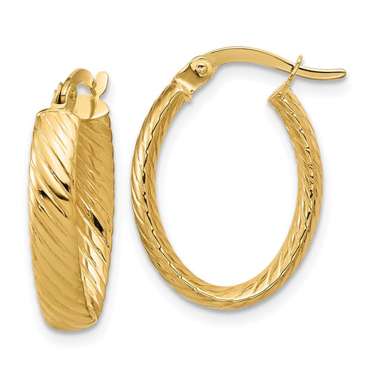 14K Polished and Grooved Oval Hoop Earrings
