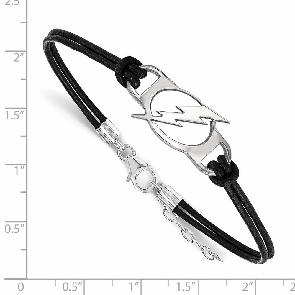 LogoArt Sterling Silver Tampa Bay Ligtning Leather Bracelet Small Center