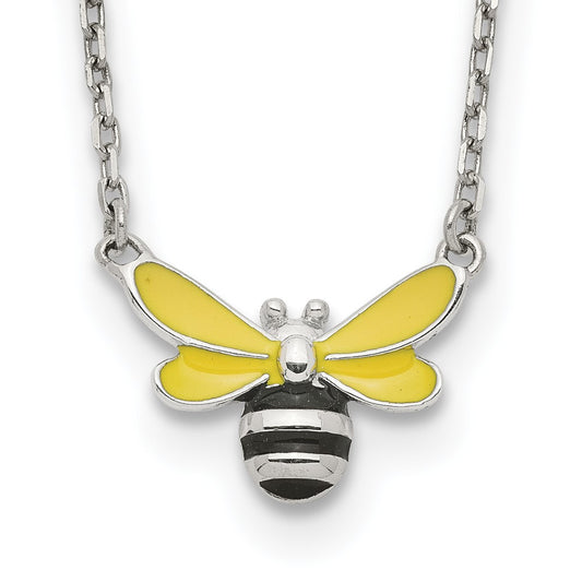 Sterling Silver Polished Yellow & Black Enameled Bumblebee with 2 Inch Extension Children's Necklace 16 Inches