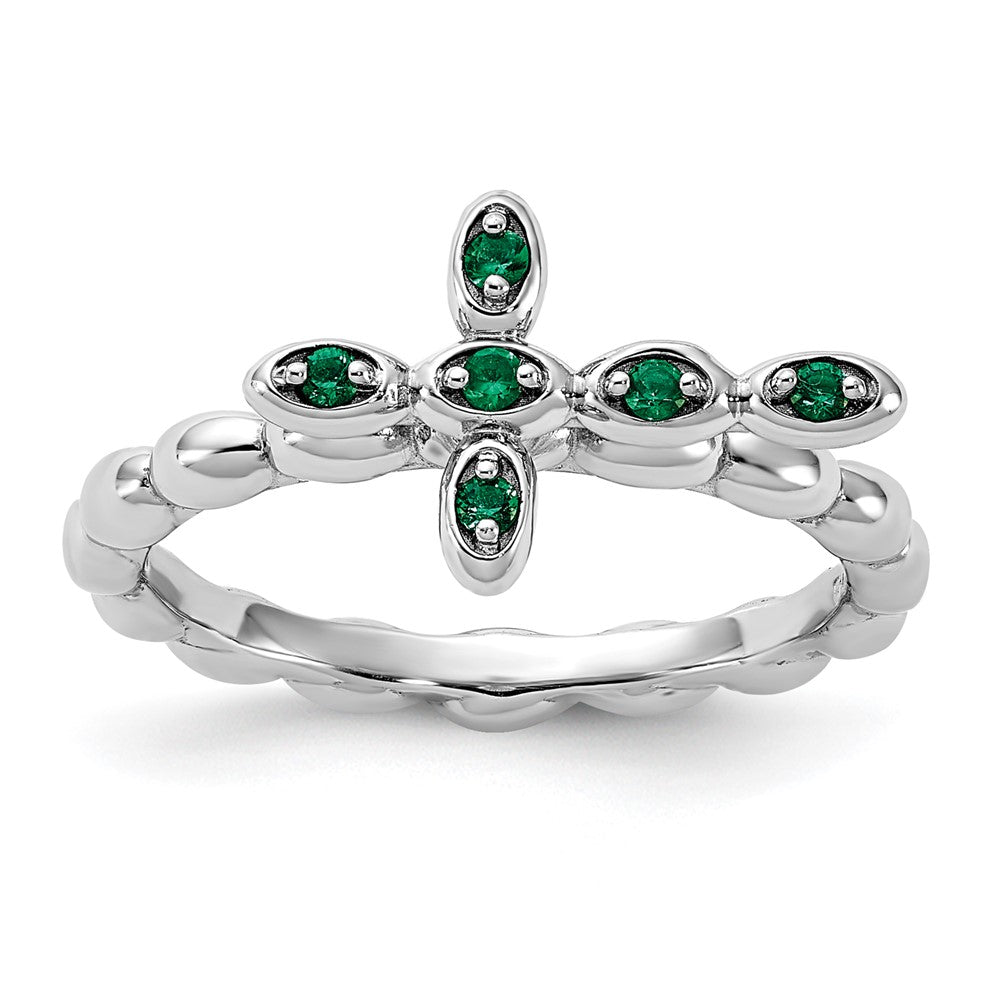 Sterling Silver Stackable Expressions Rhodium-plated Created Emerald Cross Ring Size -9
