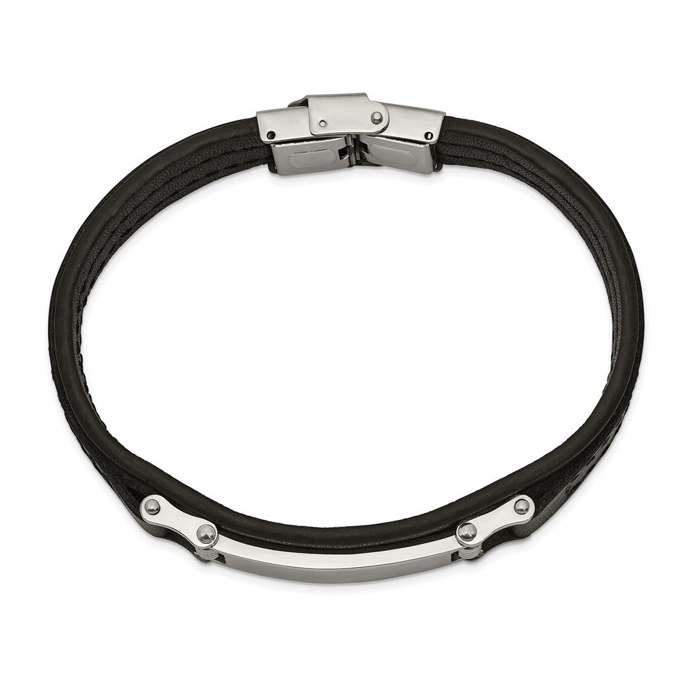 Stainless Steel Polished Black Leather 8.25in ID Bracelet 8.25 inches