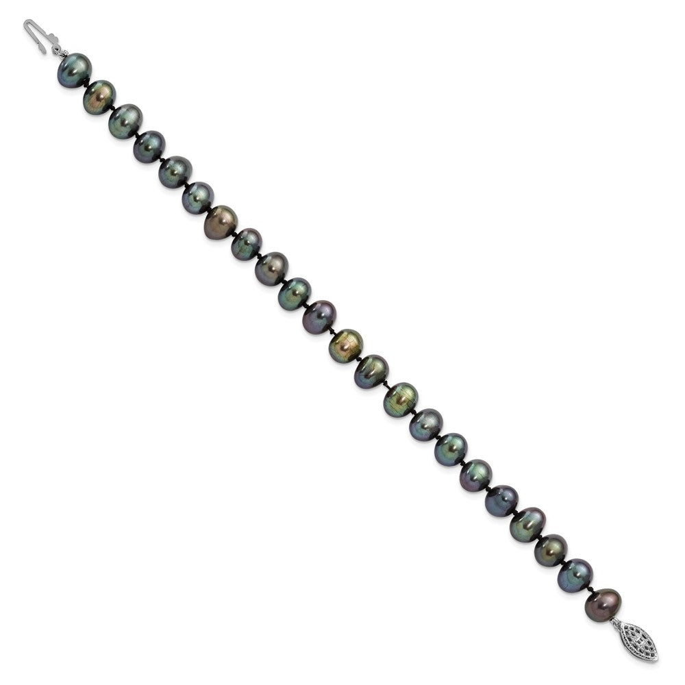 Sterling Silver Rhodium-plated 7-8mm Black Near-Round Freshwater Cultured Pearl 7.25 inch Bracelet 7.25 inches